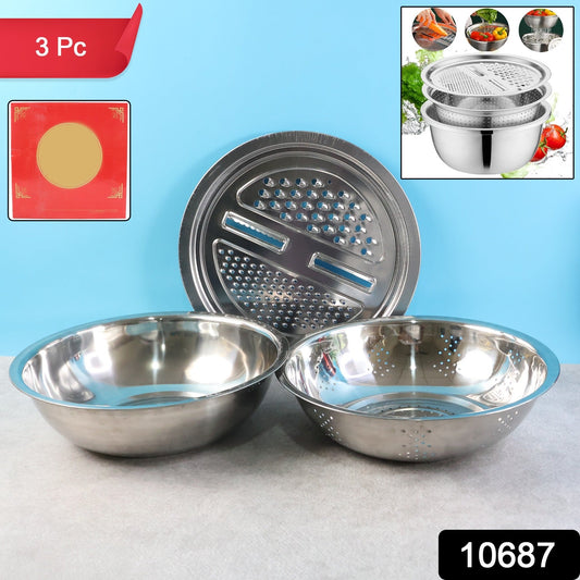 3-in-1 Stainless Steel Mixing, Straining & Grater Bowl Set