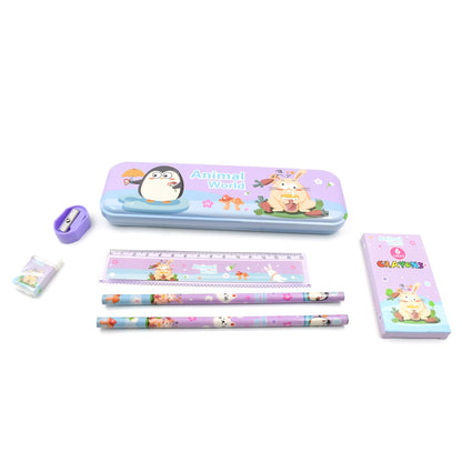 Stationery Kit for Kids - Metal Pencil Box, Sharpener, Pencil & Eraser (12 Pc Set)