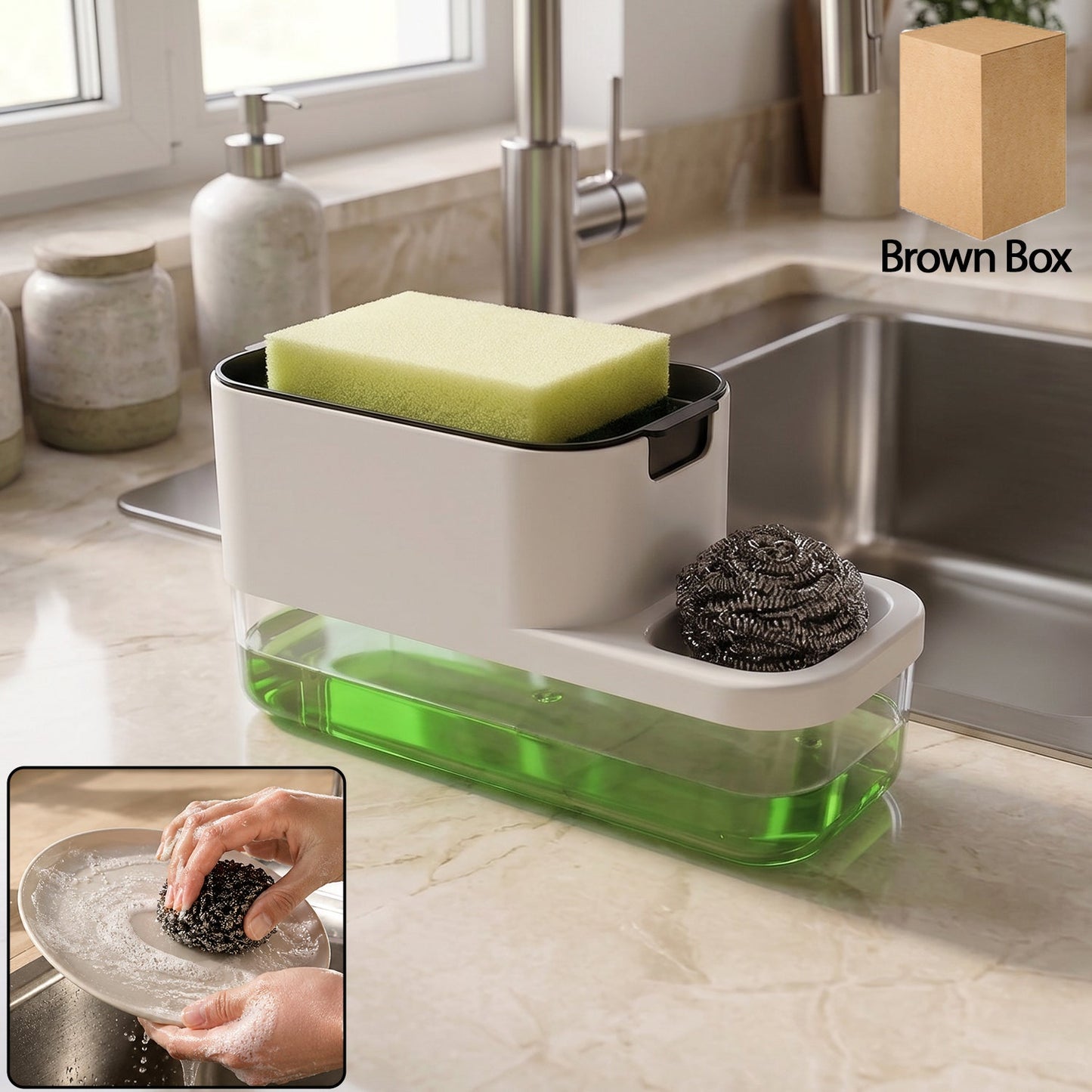 2 in 1 Plastic Dish Soap Liquid Dispenser Sponge Holder ,Sabudani  (1 Set)
