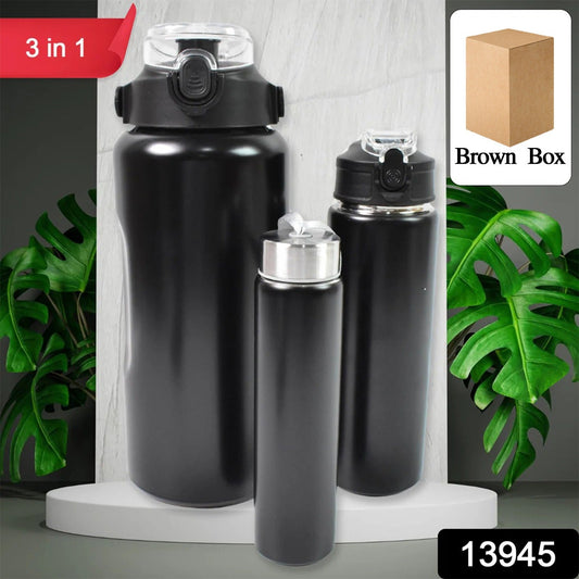 3 in 1 Stainless Steel Insulated Water Bottle – Double Wall Vacuum (3 Pcs Set)