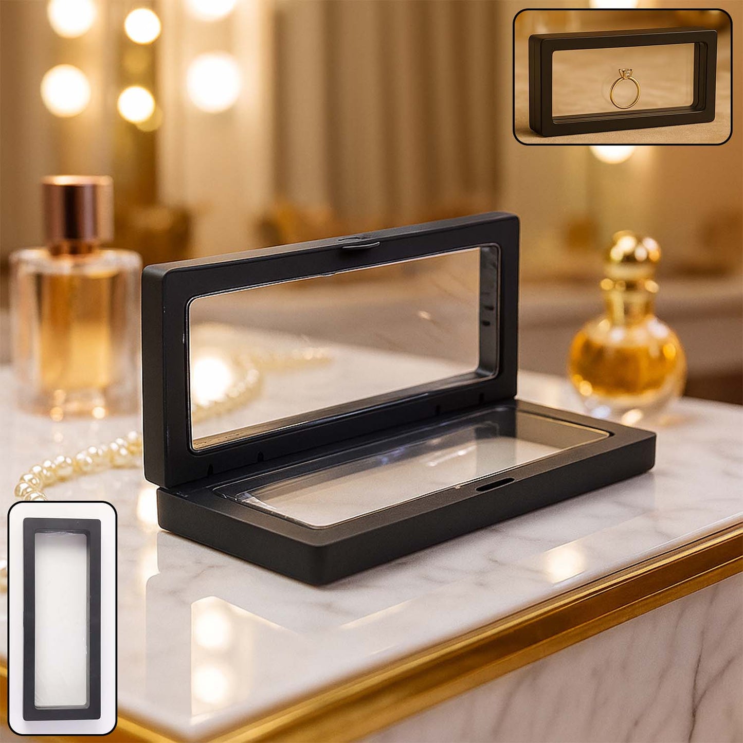 Transparent jewellery display box 18x7cm floating frame for rings India
